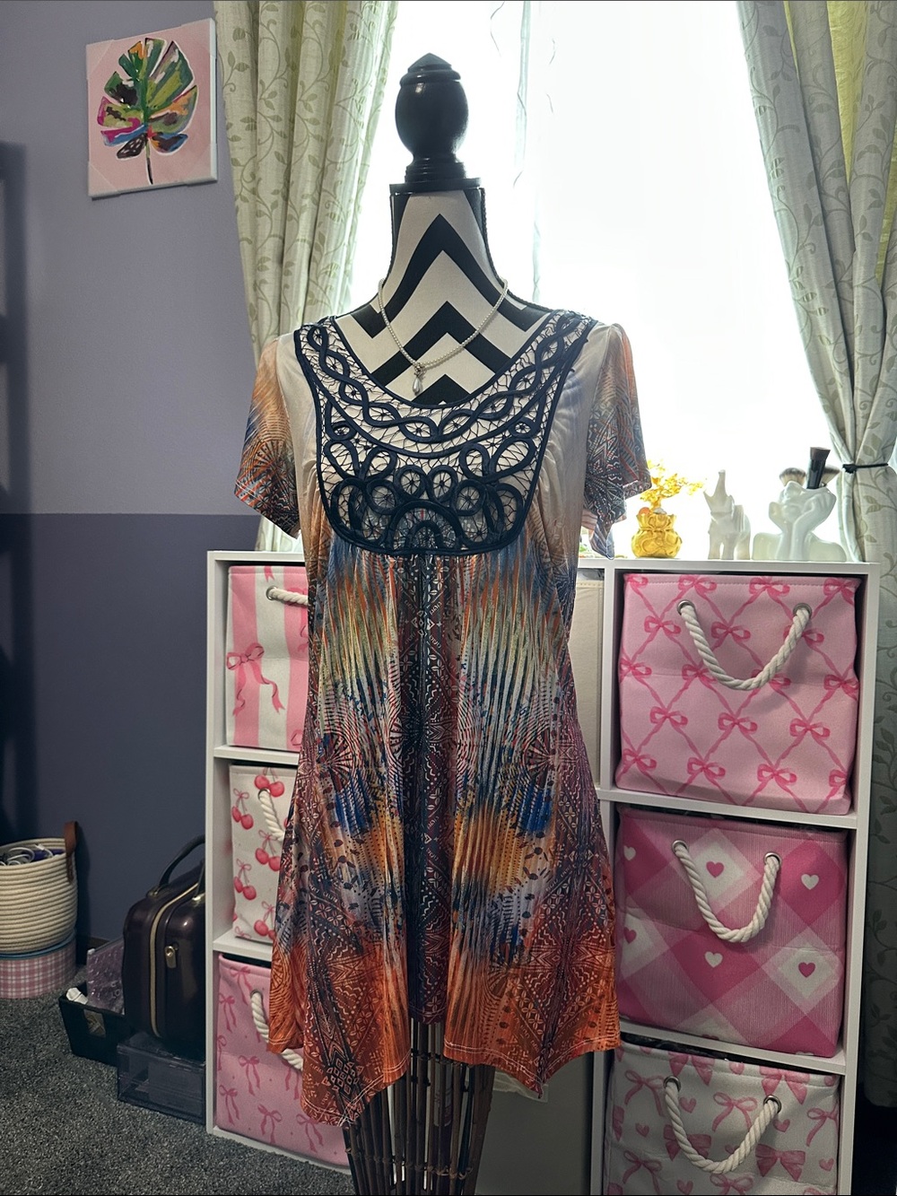 NWOT One World  Multi-Color Short Sleeve Tunic Dress with Navy Lace Yoke S